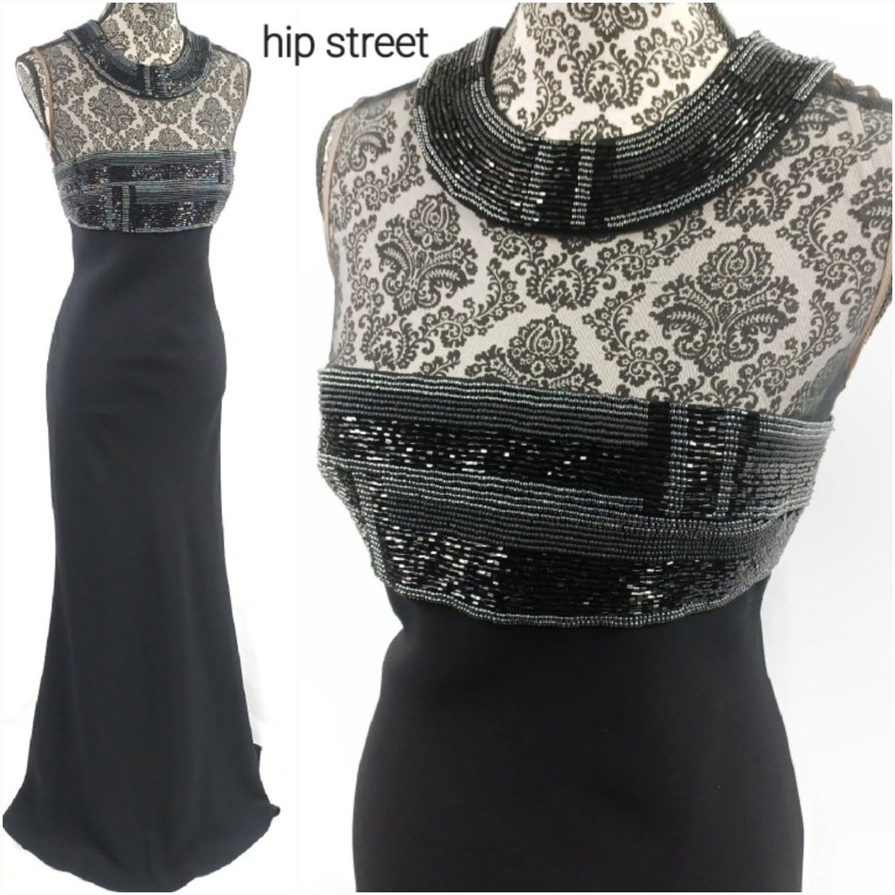 CARMEN MARC VALVO Dress Bead & Mesh Cleopatra Collar Formal Party Maxi 10